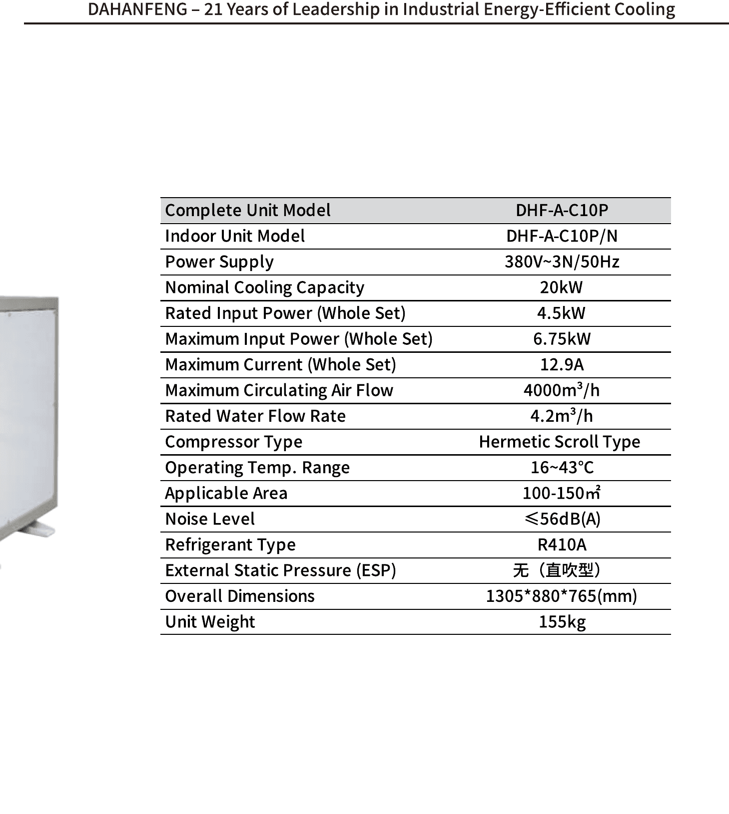 Technical parameters for DHF-A-C10P